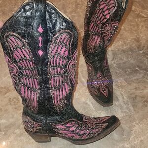 Corral Black and Pink Heeled Bling  Western Boots